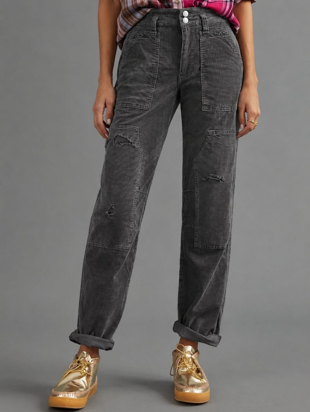 Anthropoligie Women's Dark Gray Corduroy Patchwork Pants